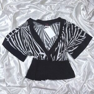 y2k Blouse Black White NEW Zebra Print Smocked Waist V-Neck Dolman Sleeve